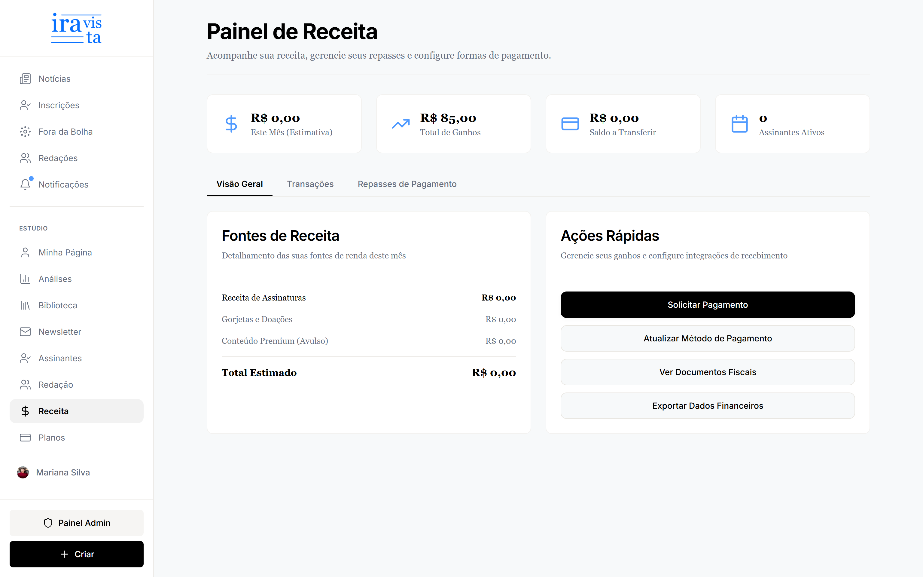 Painel de Receita na Iravista